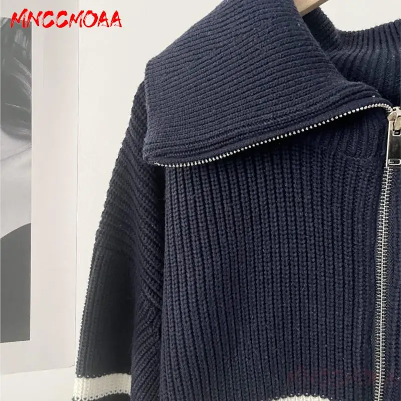 MNCCMOAA High Quality 2024 Autumn Winter Women Fashion Loose Striped Knit Sweater Female Casual Zipper Long Sleeve Top Pullovers