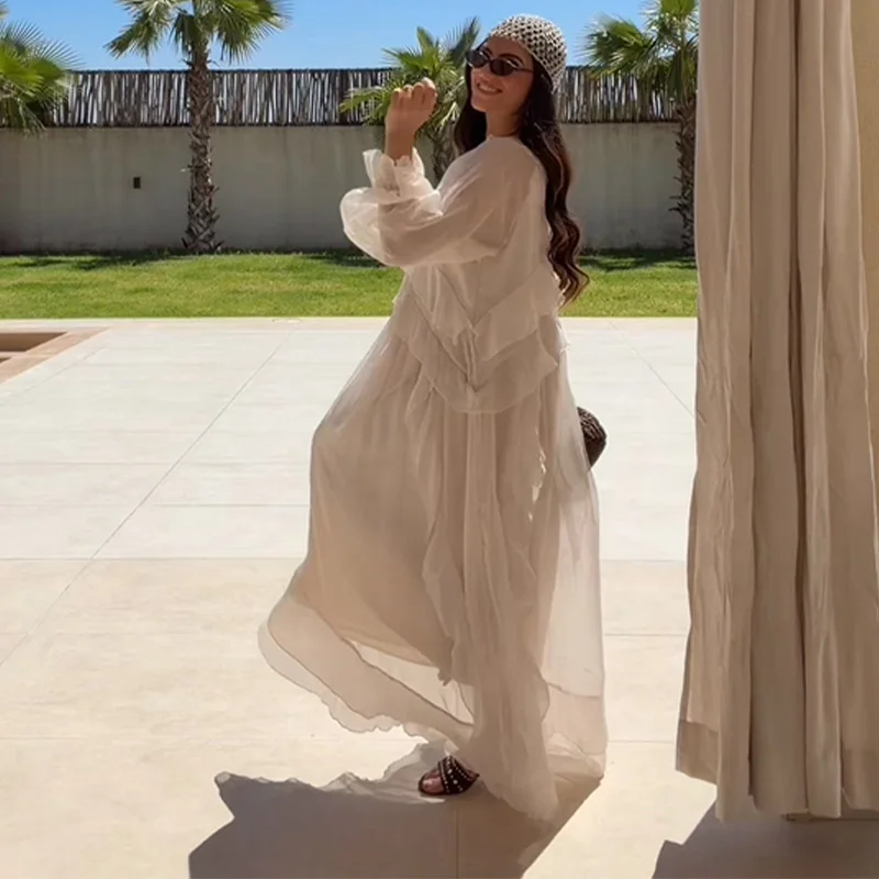 Luxury Beige Ruffle Maxi Dress Women V Neck Long Sleeve Chiffon Flowy Formal Evening Cocktail Party Wedding Guest Dress