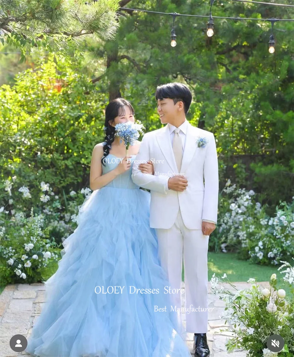 OLOEY Light Blue A Line Korea Wedding Dress Photoshott Pleats Soft Tulle Sweetheart Sleeveless Prom Gown Formal Performance Gown