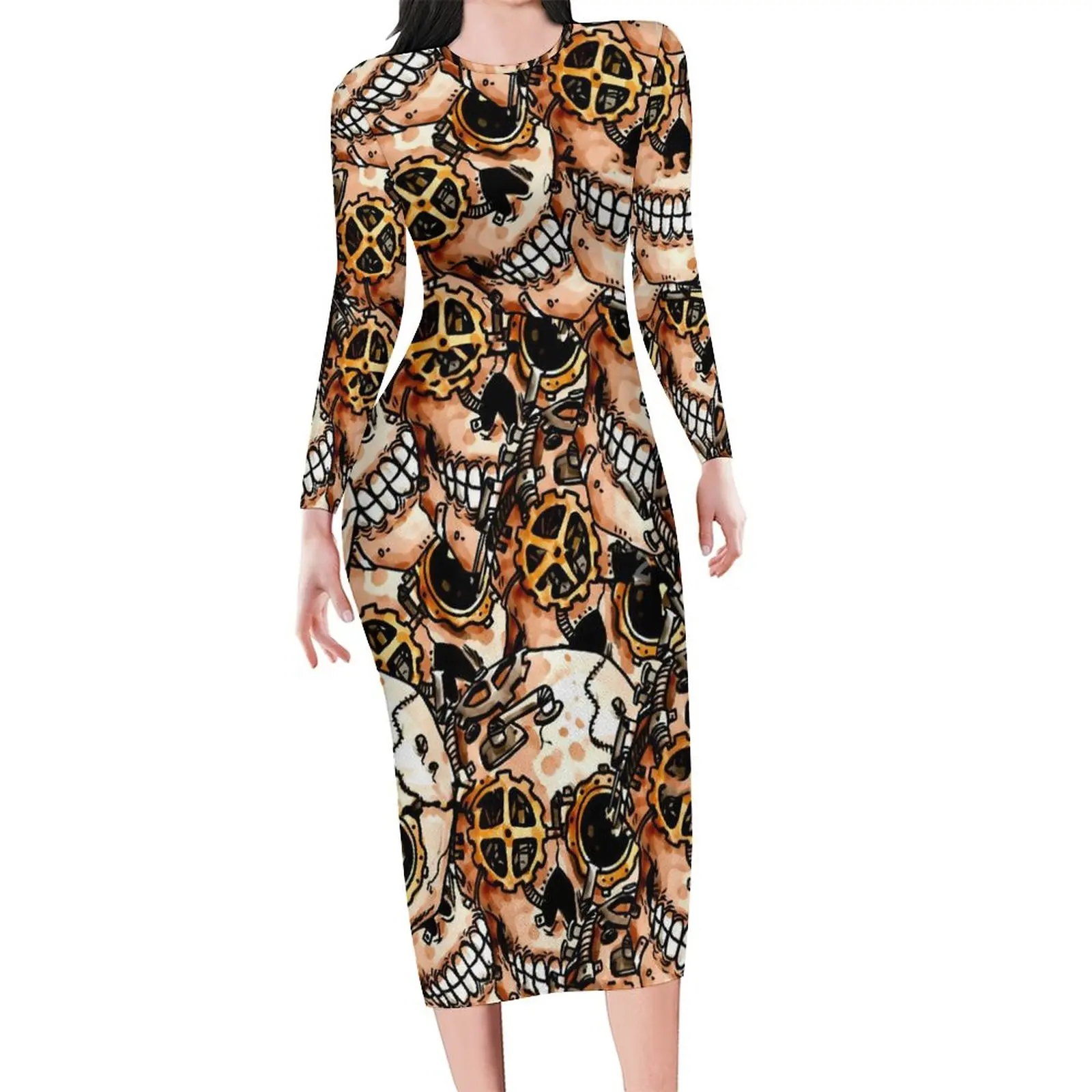 Funky Steampunk Skull Dress Long Sleeve Halloween Print Trendy Dresses Spring Women Street Style Bodycon Dress Big Size 4XL 5XL