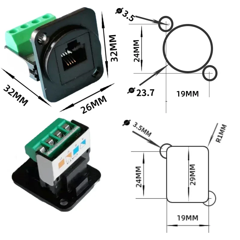 D-type screw fixed telephone equipment voice connector module, RJ11 CAT.3 terminal black and silver 6P4C