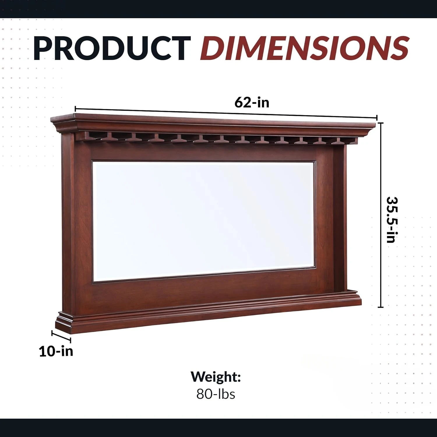 Seville Back Bar Mirror - Beveled Wall Mirror with Shelf & Built-In Stemware Holder, Solid Wood Frame in Walnut Finish