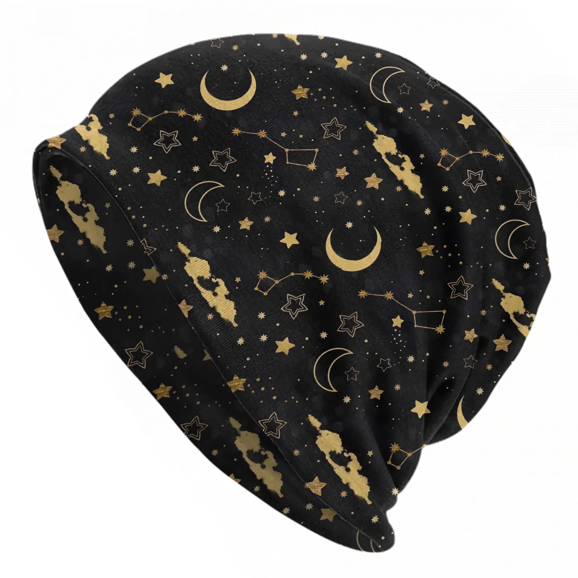 Astrology Zodiac Moon and Stars Bonnet Hat Street Skullies Beanies Hat Black Gold for Men Women Spring Dual-use Caps