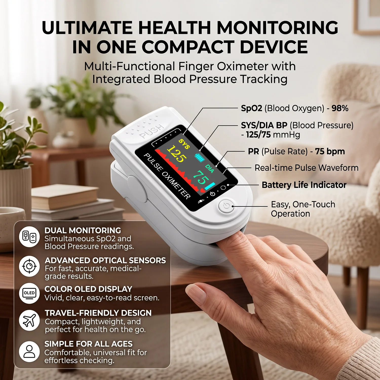 2 In 1 Heart Rate Blood Pressure and Blood Oxygen Monitoring Digital Finger Sphygmomanometer Tonometer with Finger Pulse Oximete