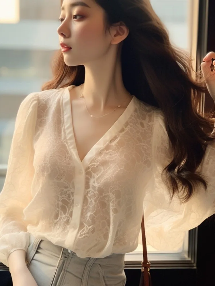 Chic Summer Blouse Women 2024 Blusas Mujer De Moda Puff Sleeve V-neck Lace Shirts Loose Fashion Korean Sweet Vintage Blouses Top