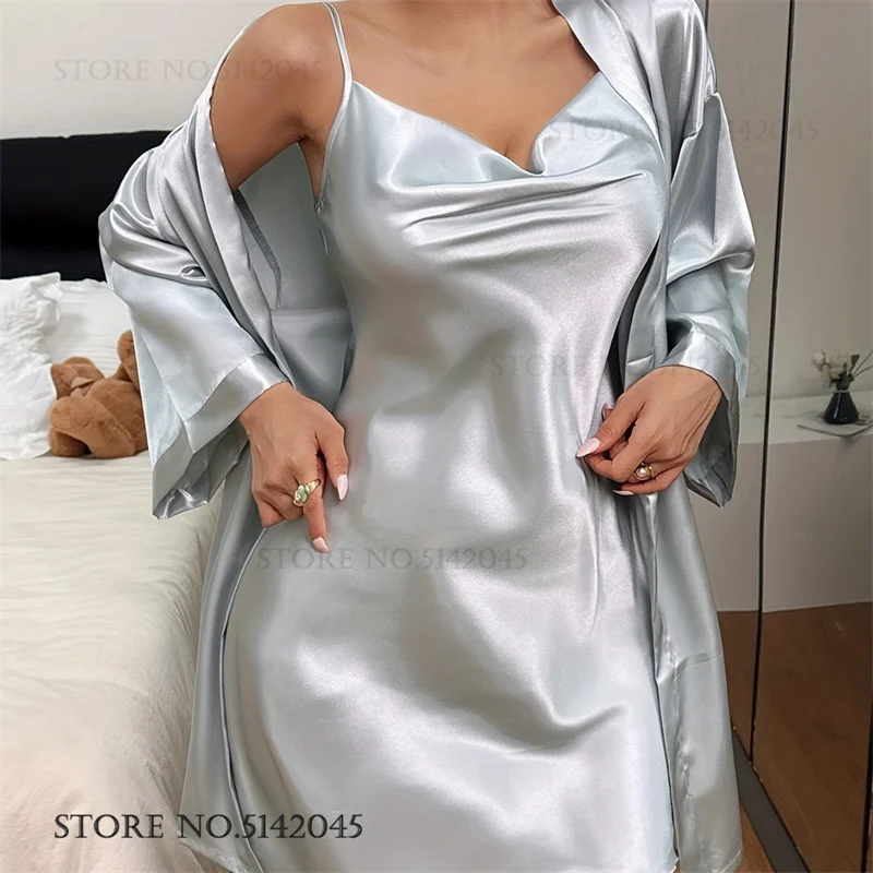 

Sexy Female 2PCS Robe Nightgown Set Chemise Sleepwear Lingerie Spring Summer New Bathrobe Kimono Gown Loose Silk Satin Homewear