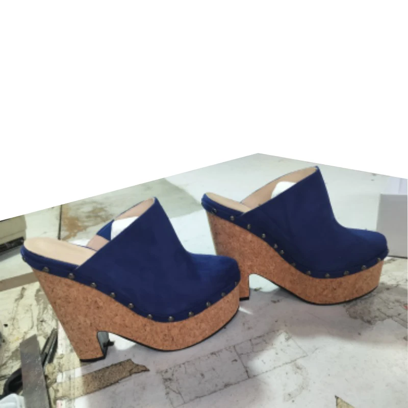 

SHOFOO Fashionable women's high-heeled slippers. Black (blue) suede slippers. About 15cm heel height. Closed toe slippers. 34-46