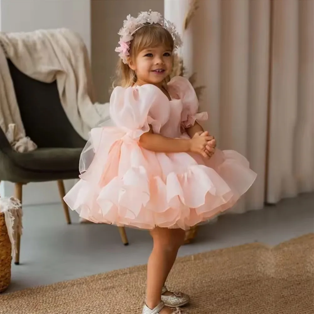 

Cute Baby Flower Girl Wedding Dress Bow Tiered Puffy Customized Princess Birthday Party Gown Communion Dress for Christmas