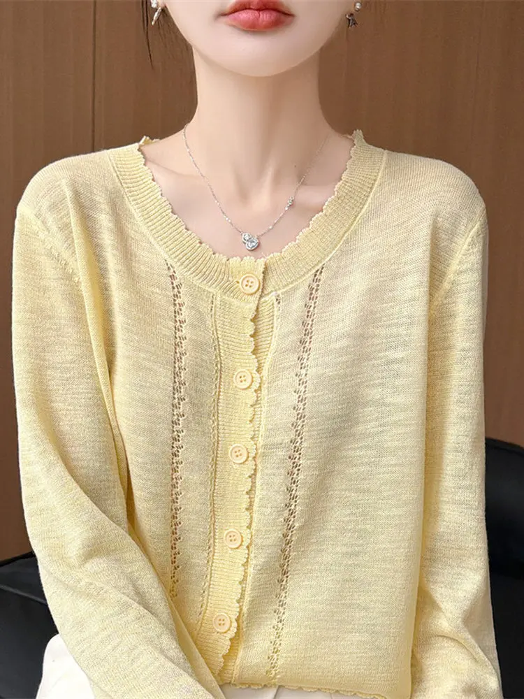 

Весенне-летний женский вязаный кардиган из бамбукового льна и ледяного шелка с кружевным круглым вырезом, тонкий, ажурный, с длинными рукавами, свободного кроя, для защиты от солнца