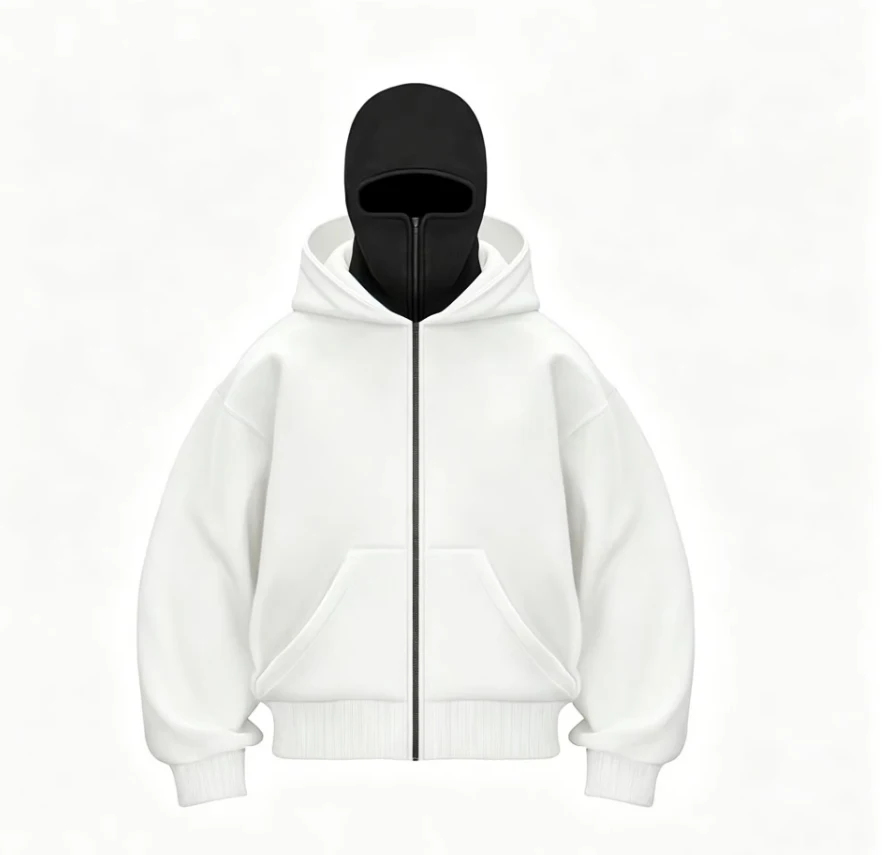 Men Balaclava Hoodie Full Zip Sweatshirt Built‑in Face Mask Y2K Streetwear Casual Warm Jacket