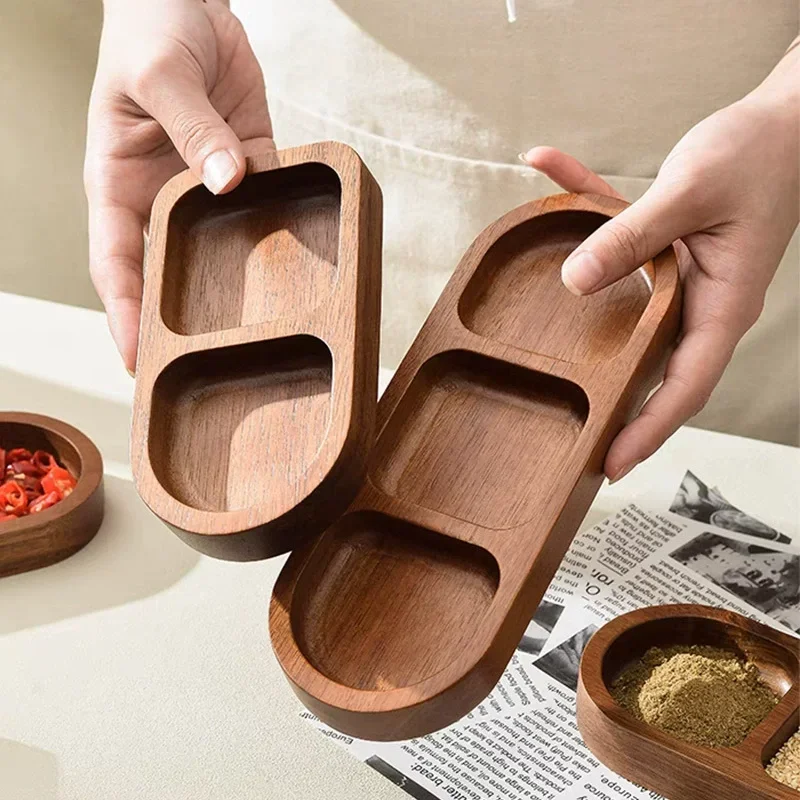 2/3 Grid Wooden Seasoning Dish Rectangle Tray Condiment Plate Breakfast Food Sushi Bread Dessert Sauce Plate Kitchen Dinner Dish