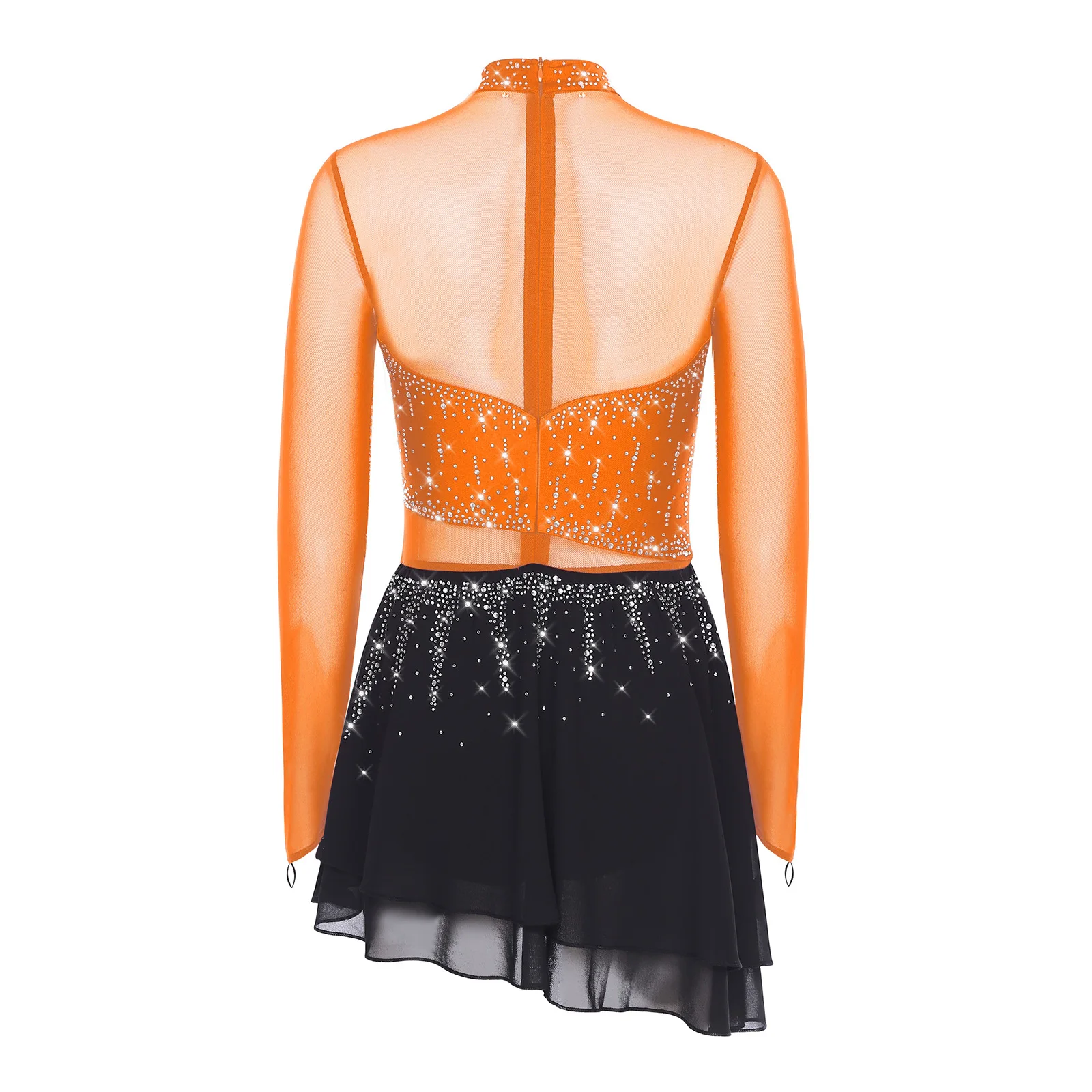 Robe justaucorps de danse Jazz lyrique pour femmes, robe de danse latine en mousseline de soie à manches longues avec strass pour spectacle de danse de patinage artistique