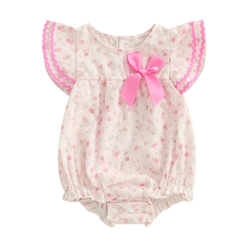 

Cathery Kids Baby Girls Summer Rompers Casual Floral Embroidery Bow Fly Sleeves Jumpsuits for Newborn Toddler Cute Clothes