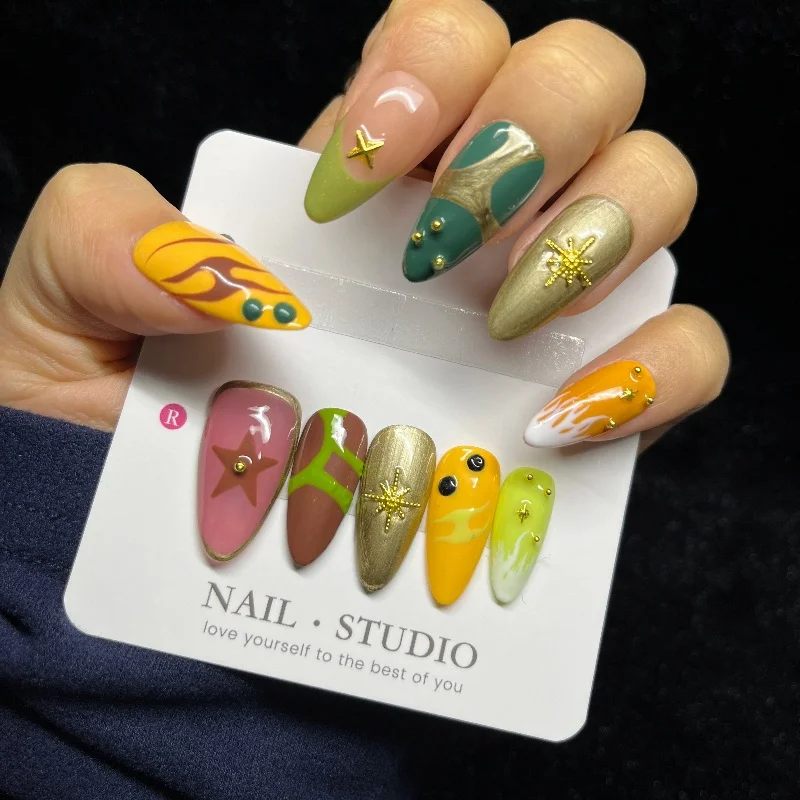 10 قطعة اللوز البرتقالي النابض بالحياة اليدوية الصحافة على الأظافر لامعة الذهبي ستار الأخضر المشارب الفرنسية الأظافر وهمية للفتيات الساخن الرجعية الأظافر