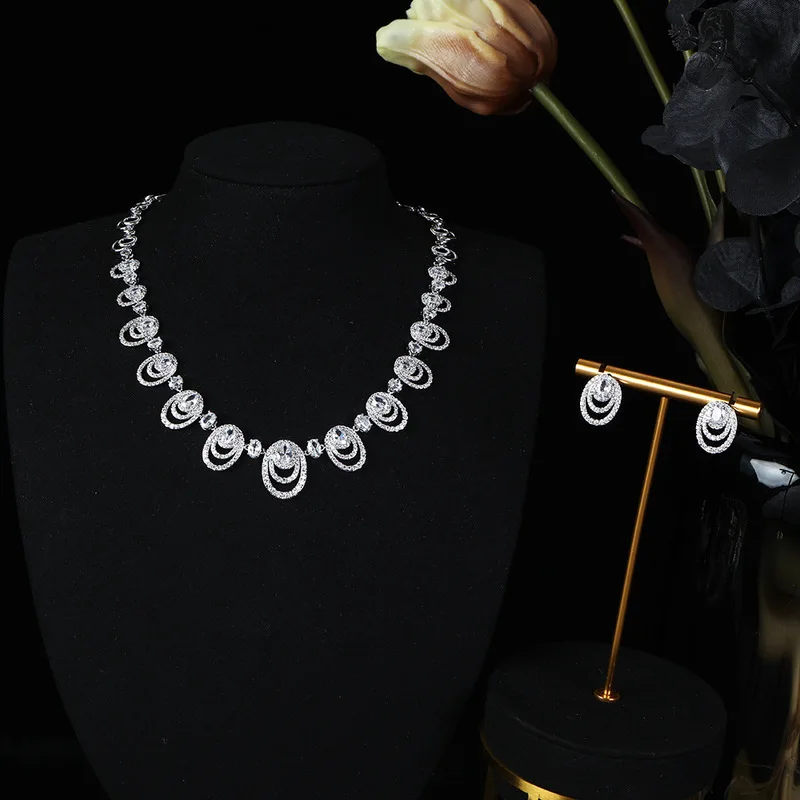 Double Oval Layered Cubic Zirconia Jewelry Set For Women Daily Wear Necklace And Earrings