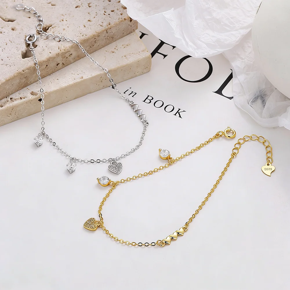 

925 sterling silver heart-shaped zircon bracelet, Korean INS style, niche women’s jewelry.