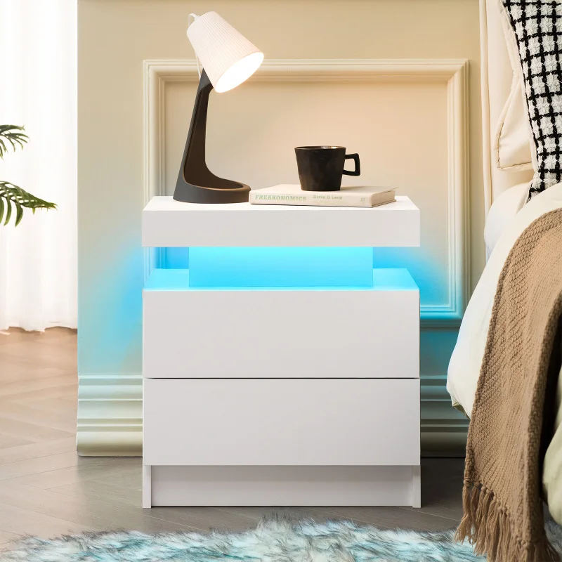 

Nightstand LED Bedside Table Cabinet Lights Modern End Side with 2 Drawers for Bedroom (White)