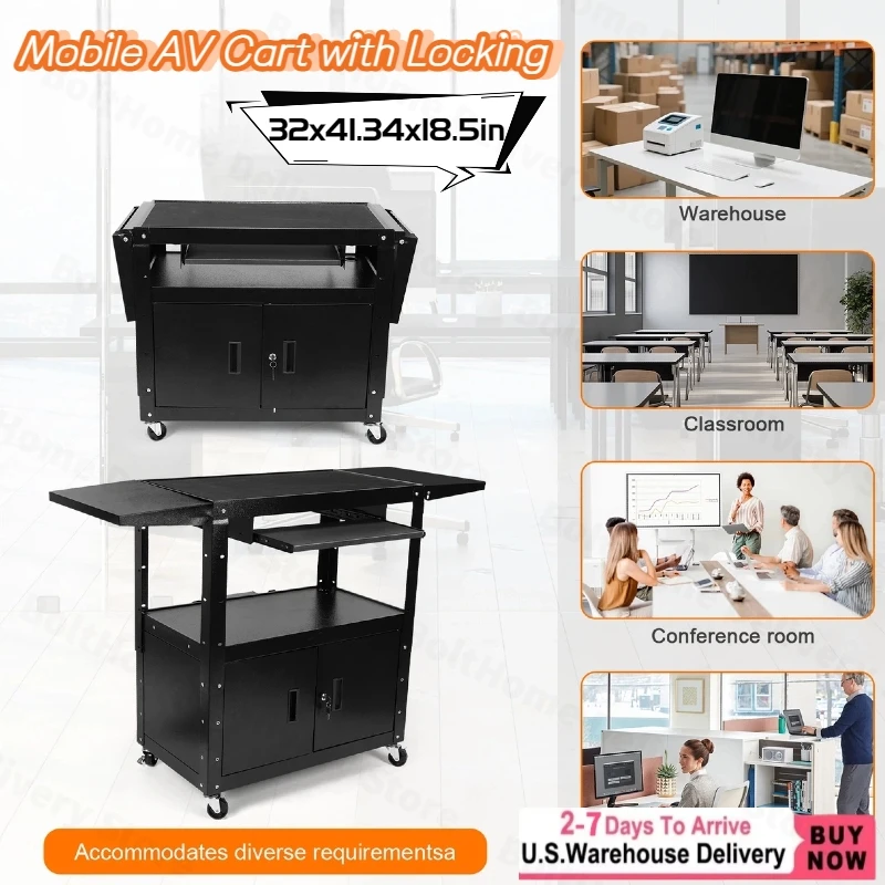 

Мобильная AV-тележка с выдвижным лотком для клавиатуры, вращающаяся компьютерная тележка, регулируемая по высоте универсальная тележка на колесиках с дополнительным пространством