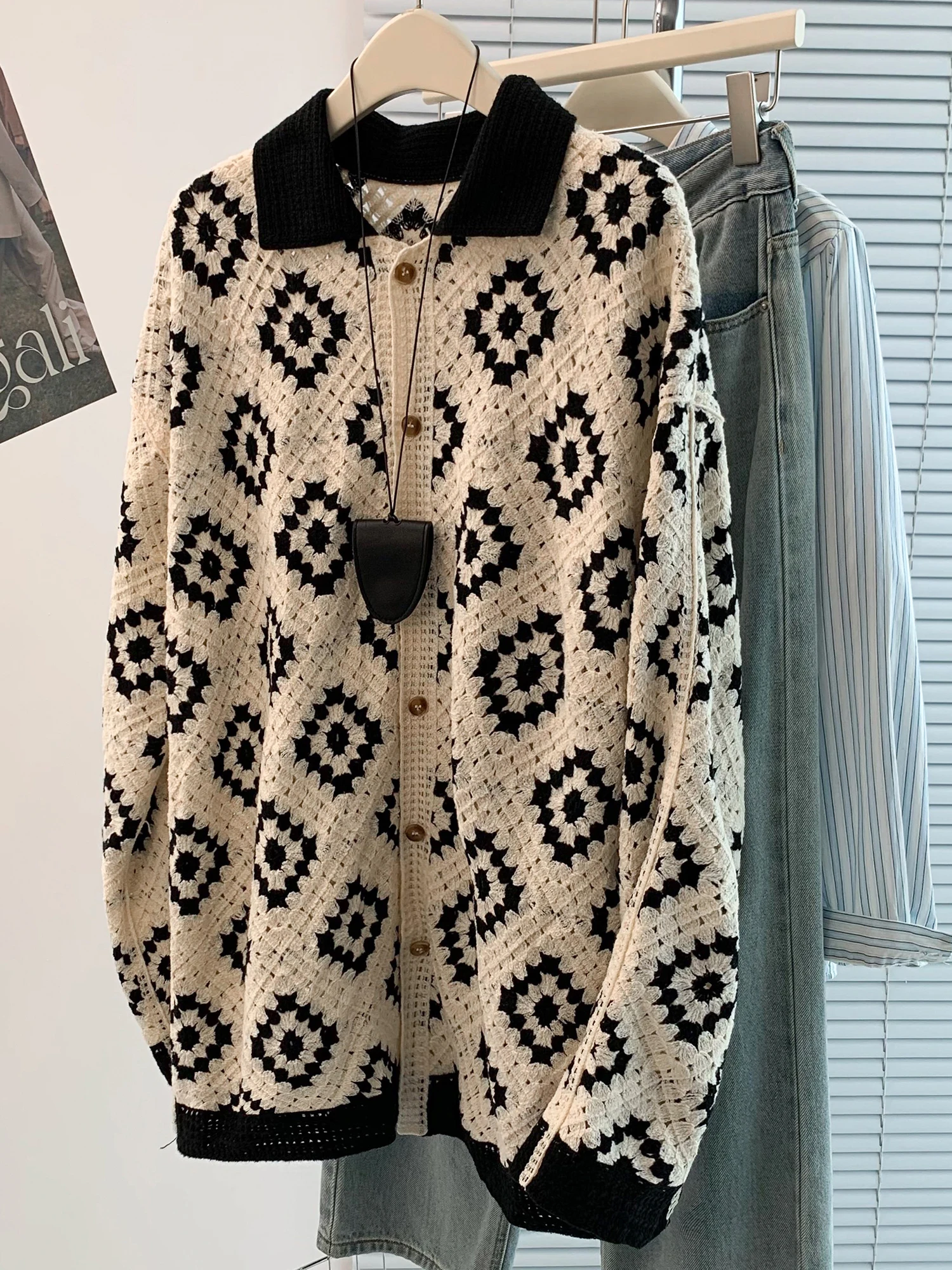 Loose Casual Knitted Cotton Tead Hook Flower Hollow Diamond id Women's Coat Large Size Autumn New Sle Commute Simple