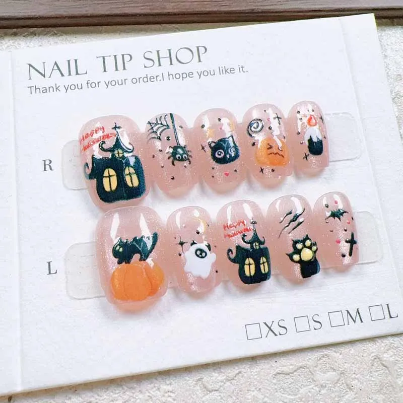 

10 шт., Хэллоуин, кошачий глаз, тыква, милый призрак, кошачий глаз, нарисованный вручную, мультяшная атмосфера, смысл, пресс на ногтях, накладные ногти