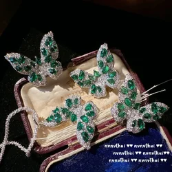 925 Sterling Silver New Fashion Green Zircon Butterfly Necklace Ring Earrings for Women Exquisite Wedding Party Fine Jewelry Set