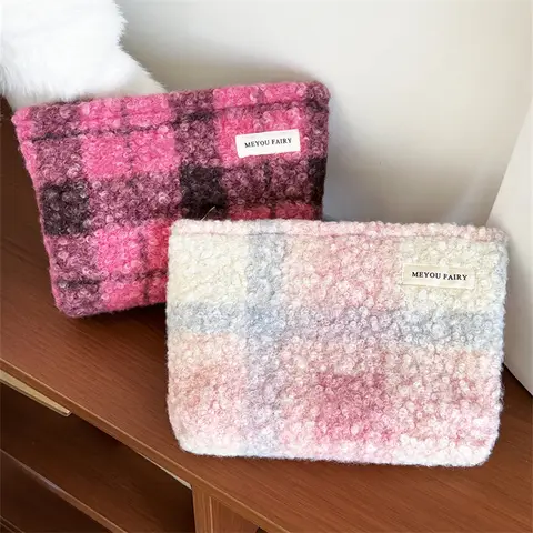 Autumn Contrast Color Plaid Cosmetic Bags for Women Large Capacity Portable Ladies Makeup Clutch Travel Toiletry Bag Purse