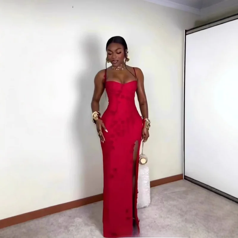 

Autumn Winter European and American New Strappy Three-Dimensional Floral Slit Long Dress Party Gown