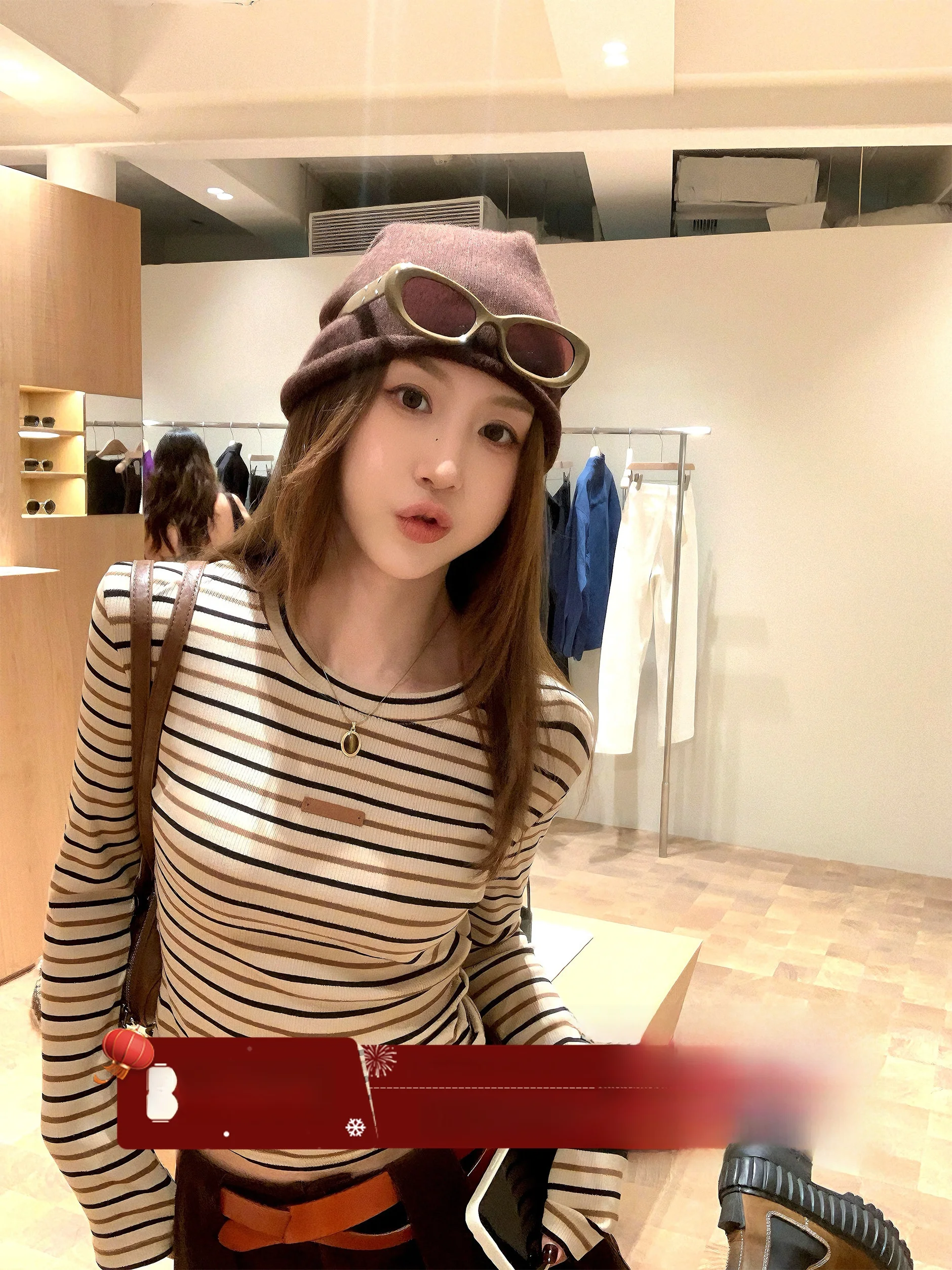 

Женская футболка Slim Fit в полоску с длинным рукавом, корейский стиль, укороченная, MLS Moosee Studio, повседневная, из смесового хлопка