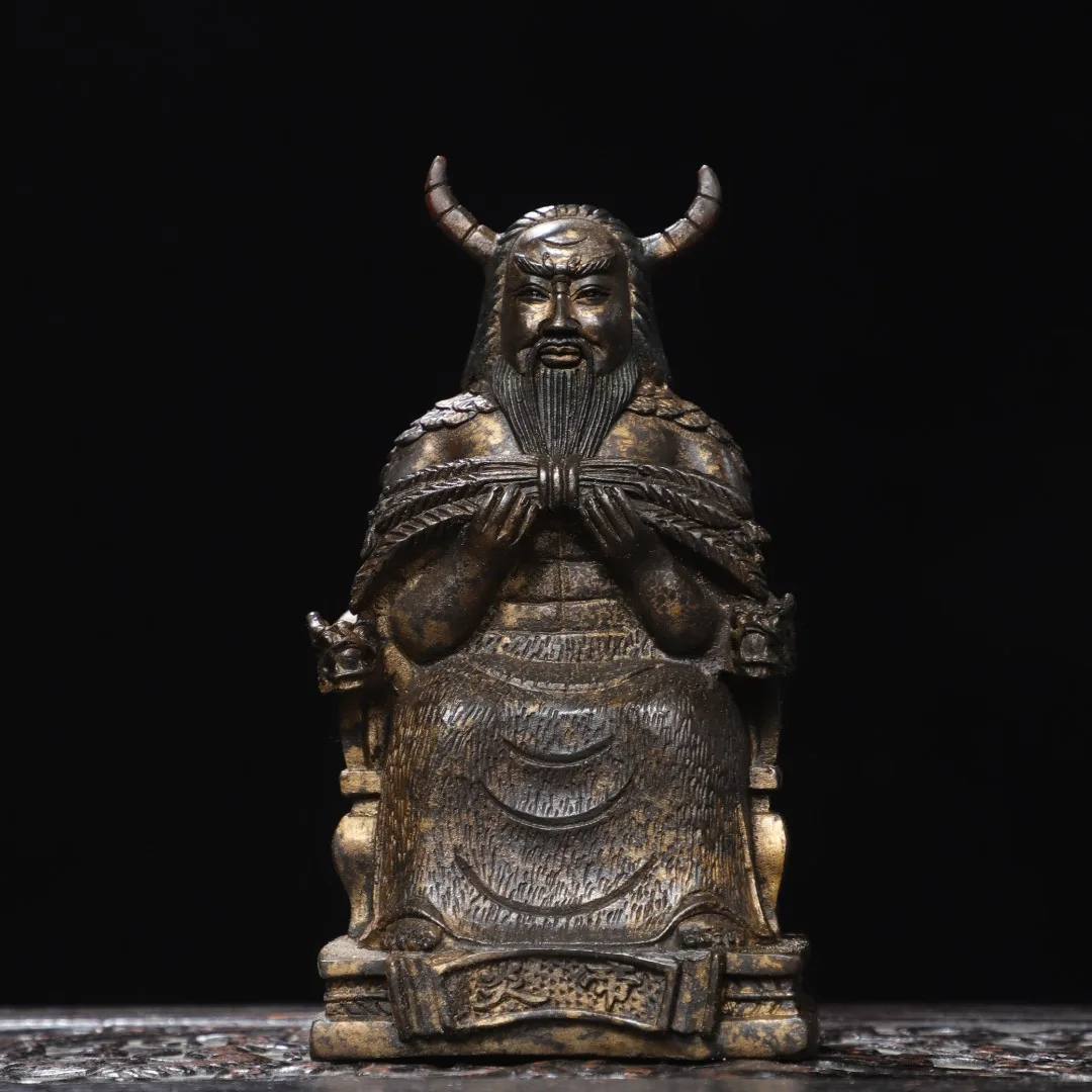 Old Bronze Gilded Cinnabar Mud gold Emperor Yan immortal ox head Sitting Buddha Dragon Throne Wenfang Worship Hall Town house