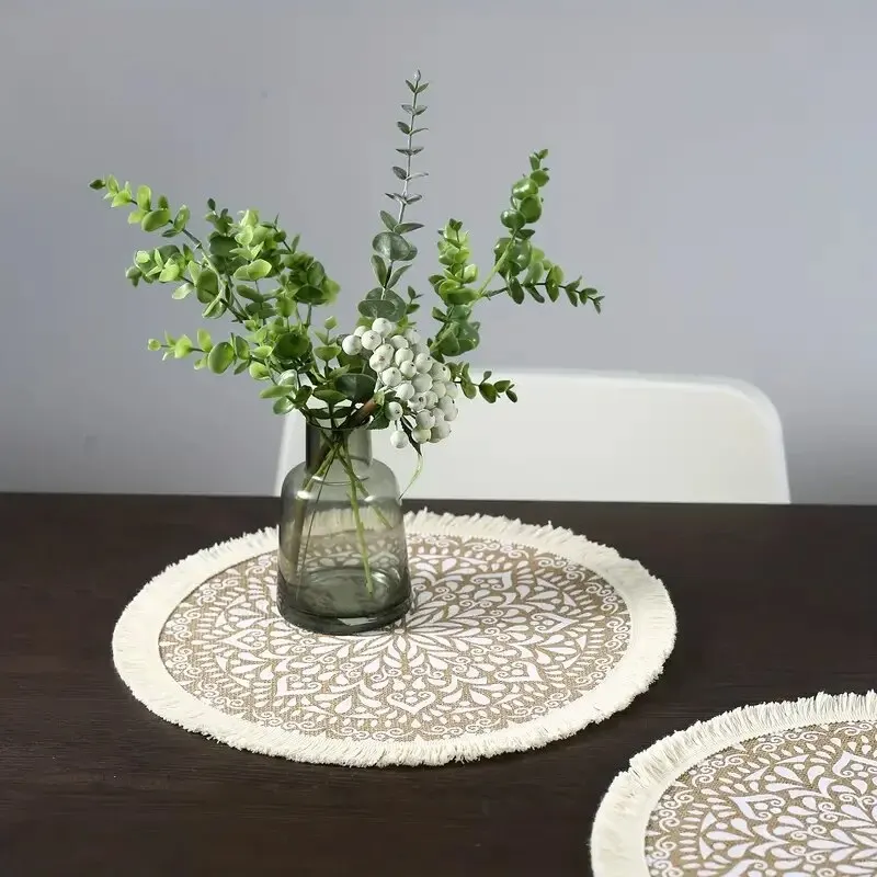 1 Piece Of Jute Fabric Dining Mat, Modern Geometric Pattern Tassel Edge Round Table Pad, for Bedroom, Living Room, Kitchen