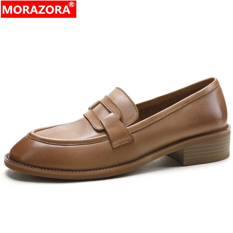 

MORAZORA 2024 New Slip On Genuine Leather Shoes Woman Retro Loafers Platform Pumps Ladies Square Med Heels Single Shoes