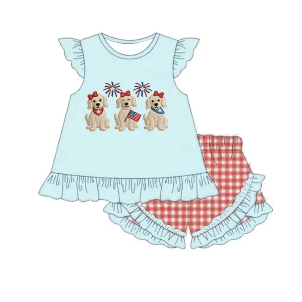 New Summer Boutique Children Suit Cartoon Dog Flag Print Outfit July 4th Newborn Romper Wholesale Sibling Set Milk Silk