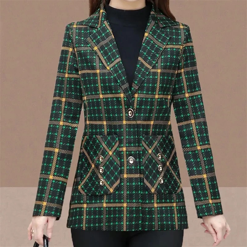 

2023 Spring Autumn Plaid Blazer Women Long Sleeve Windbreakers Female Pocket Coat Office Lady Casual Blazers Suit Womens Jackets