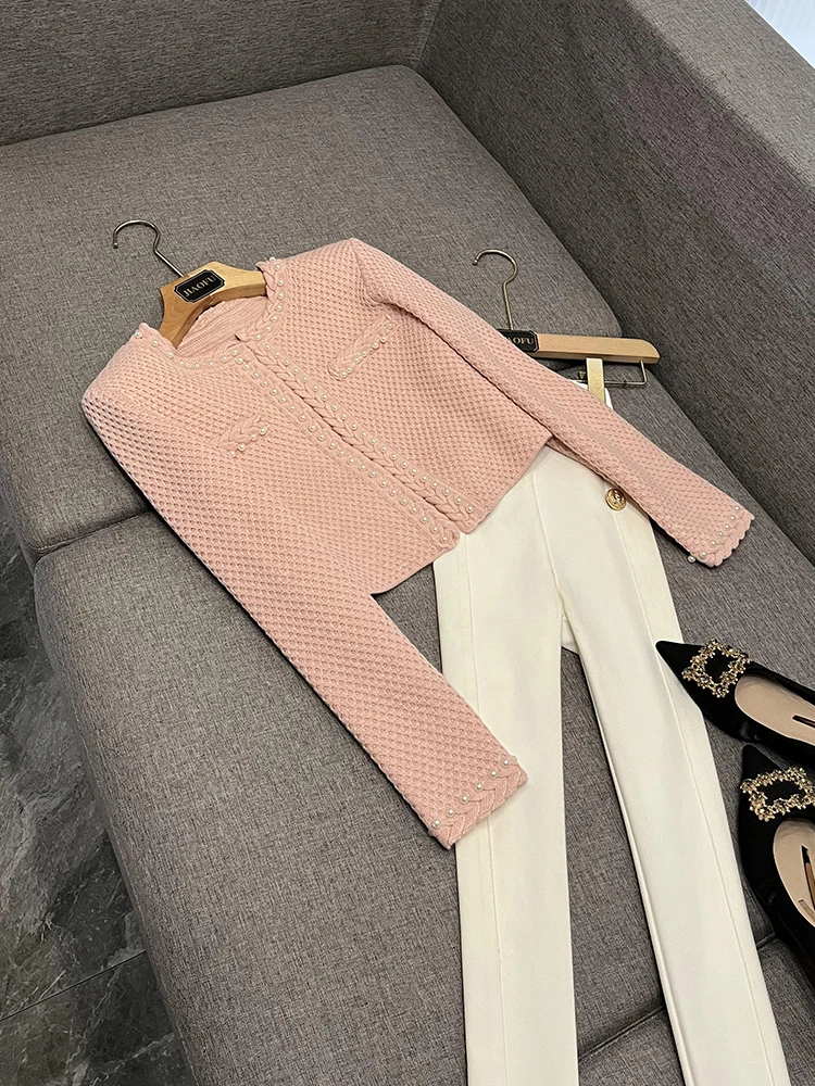 エレパールトリムラウンドネオープンカーディガンスリムフィットドクターデザインヘビー装飾スイートスレ中国製F05562