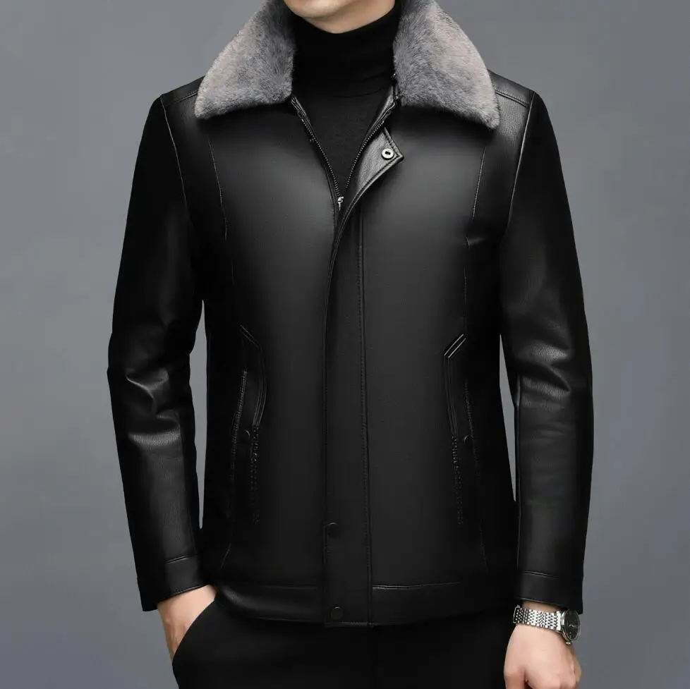 الخريف الشتاء الربيع الرجال معطف جلد طوق معطف جلد مع انفصال الصوف طوق قصيرة عارضة الأعمال جلد الغنم