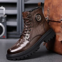 Classic Brand Men's Business Dress Shoes Thick Soled High Top Motorcycle Boots Winter Warm Plush Lining Male Footwear