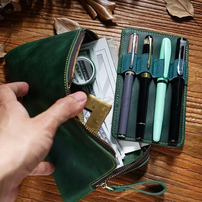 Handmade Cowhide Zipper Pen Storage Pen Bag Retro Portable Large Capacity Detachable Pencil Case Bag