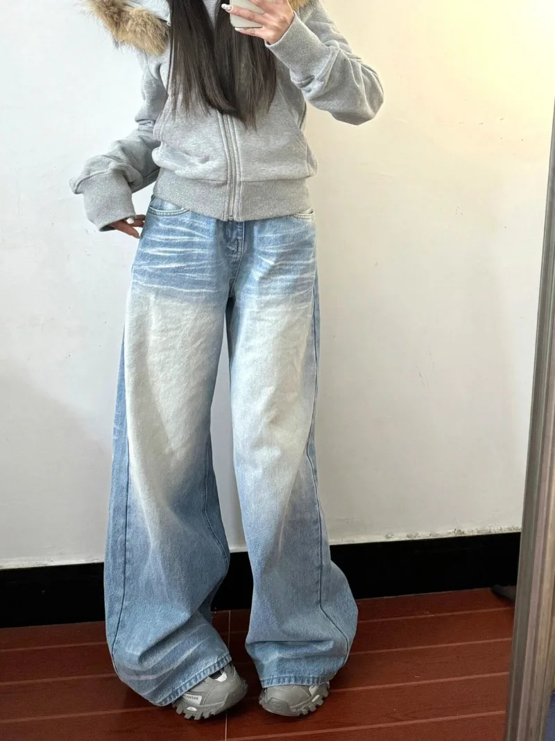 Blue Washed High Street Denim Straight Pants Vintage Jeans Women Full Length Trousers Y2k Wide Leg Distressed Contrast Color