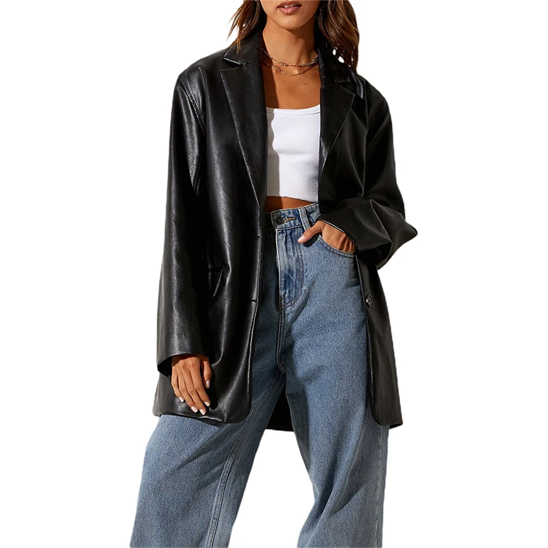PMIYS donna giacca in ecopelle manica lunga colletto con risvolto giacca Casual Plus Size monopetto Y2k PU cappotto per l\'autunno inverno