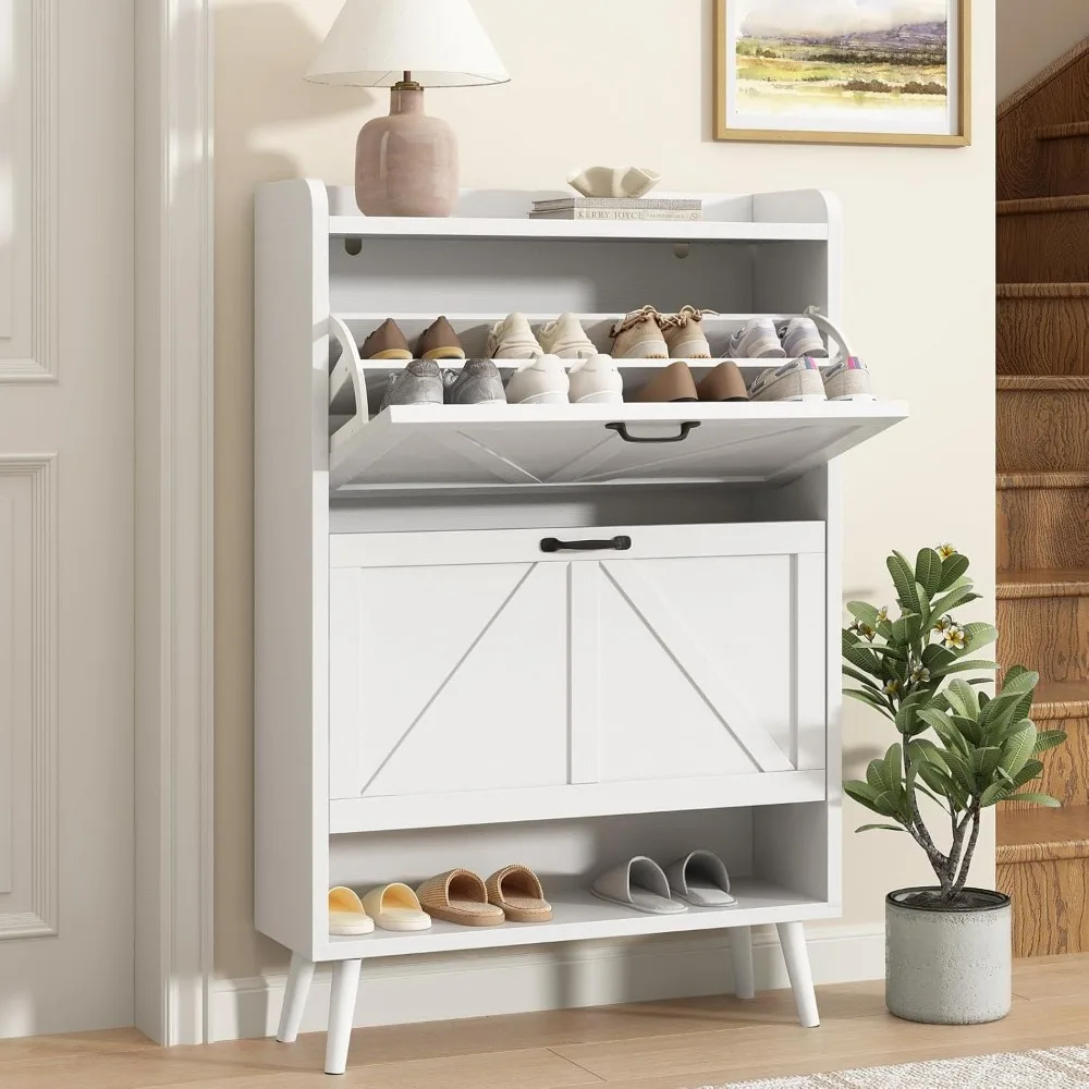 

Shoe Storage Cabinet for Entryway, Hidden Shoe Cabinet with 2 Flip Drawers, Free Standing Wooden Shoe Cabinet for Hallway, Narro