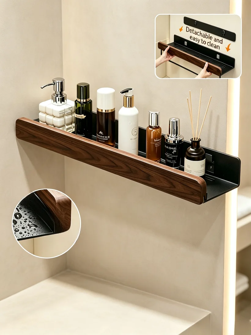 Upgraded Removable Walnut Wood Bathroom Shelf Punch‑Free Wall Mounted Storage Organizer