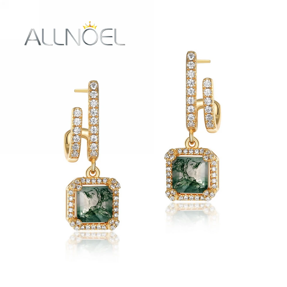 

ALLNOEL 925 Sterling Silver Dangling Earrings For Women Natural 6*6mm Green Moss Agate Elegant Classic Gifts Fine Jewelry New