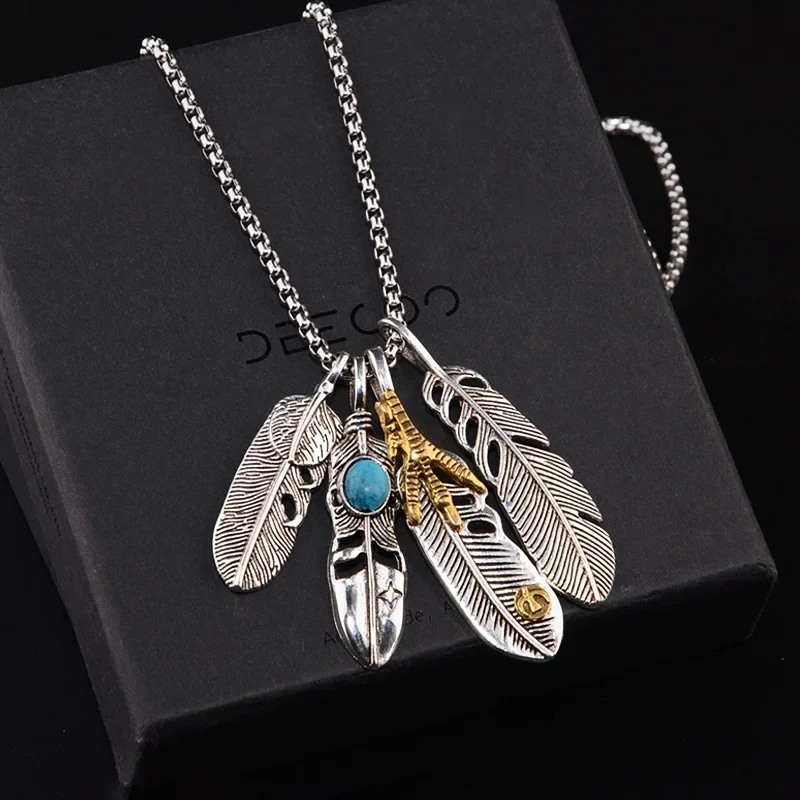 Brand Version of Takahashi Feather Pendant Necklace Men Tide Retro Leaves Long Sweater Chain Unisex Hip Hop Jewelry Wholesale