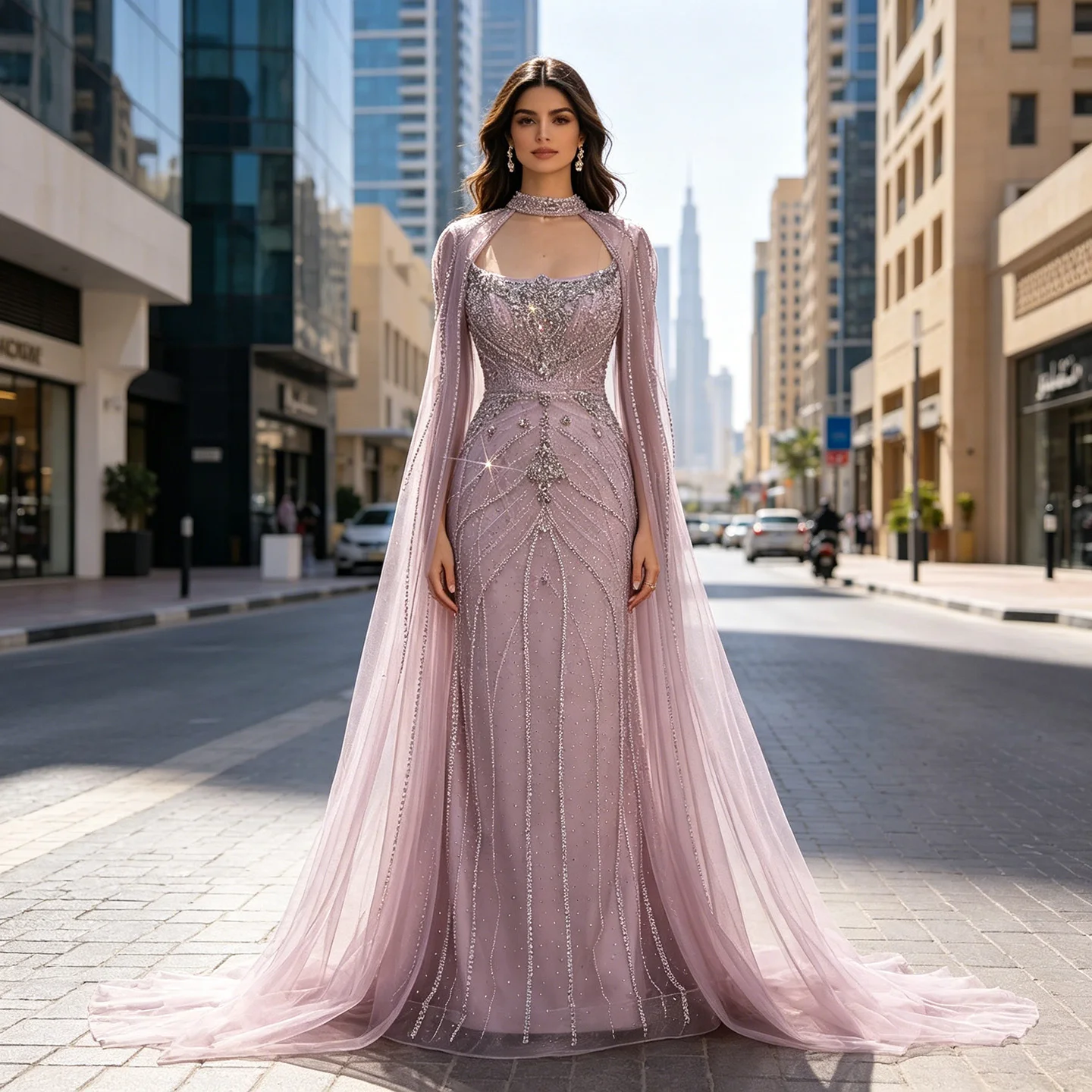 Eshaut&bridal Luxuriöses, perlenbesetztes Meerjungfrau-Abendkleid mit abnehmbarem Umhang, formelles Damenkleid für Hochzeit, Abschlussball, Party, individuell gestaltet