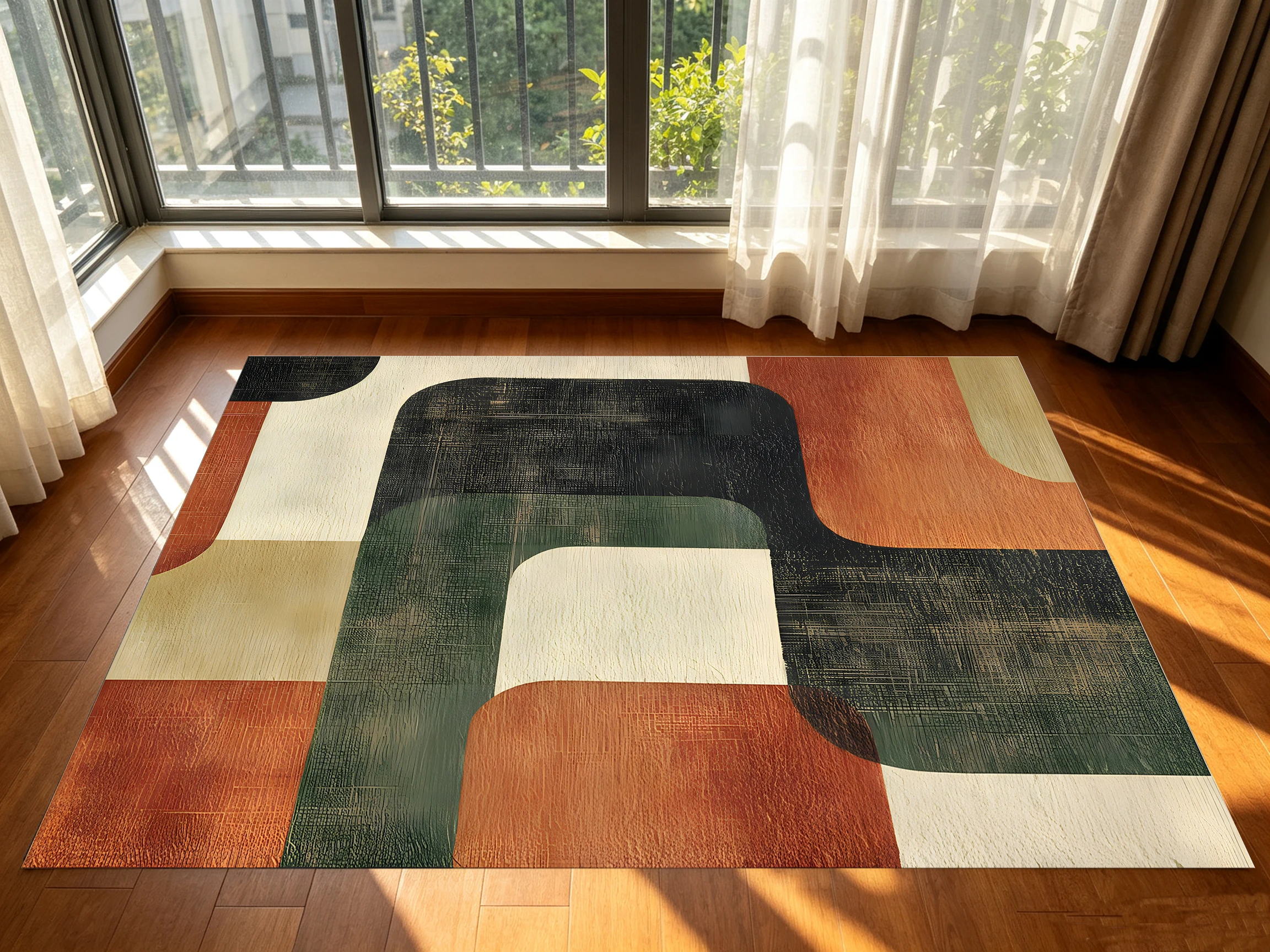 Abstract Geometric Color Block 2D Rug, Brown & Green Color Blocking, Retro, for Living Room & Bedroom, & Premium Floor