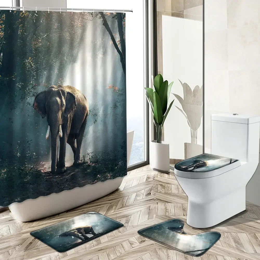 

Занавеска для душа с принтом африканского слона и дикой природы, туманный лесной пейзаж, домашний декор, коврик для ванной, чехол для унитаза, фланелевый ковер для ванной комнаты