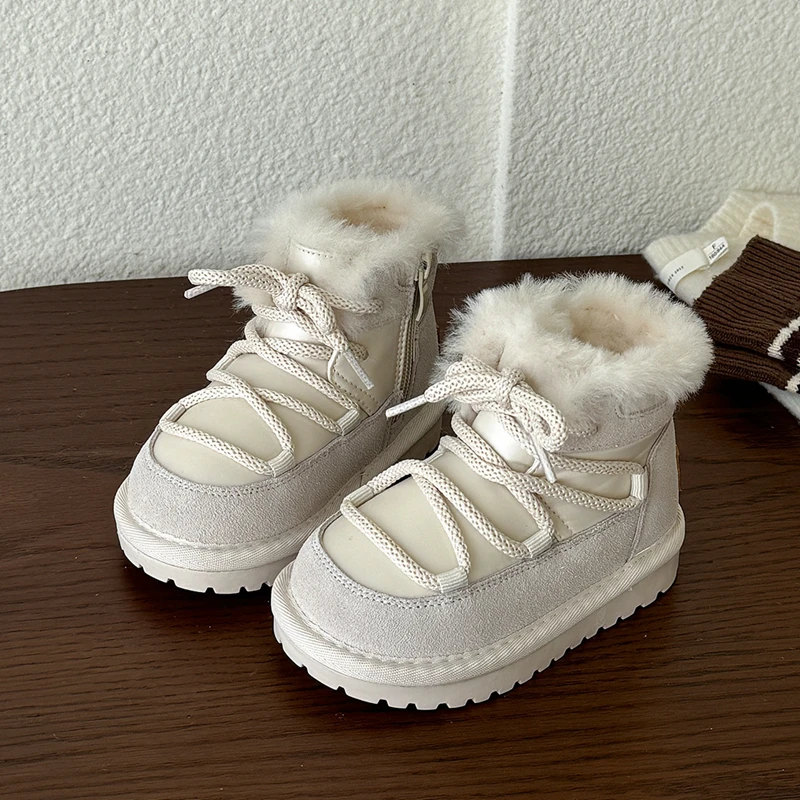 Fashion Winter Boots For Children Genuine Leather + Waterproof Cloth Sneakers Boots For Girl Winter Thick Warm Plush Baby Walker