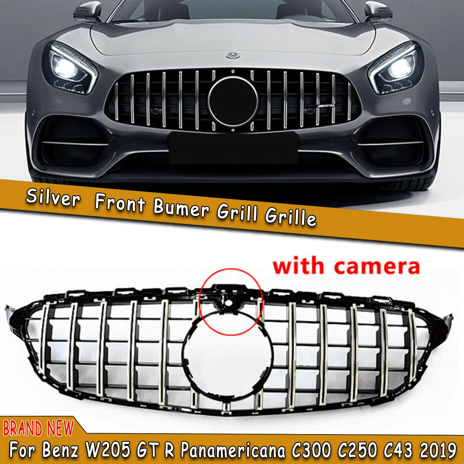 Front Grille Grill Upper Bumper Hood Mesh with Camera Hole Auto Part For Mercedes W205 C Class C200 C300 C43 AMG 2019-2021