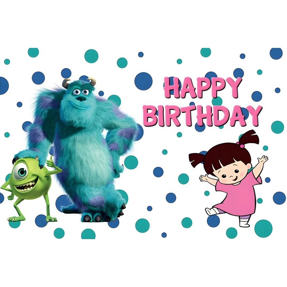 Disney Blue Backdrop Monsters Inc James P. Sullivan Mike Wazowski Baby Happy Birthday Party Cartoon Decoration Background Banner