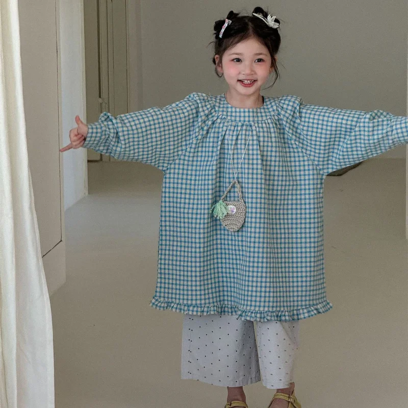 

Tongqunlai hugs2026Spring NewinsSky blue plaid loose-fitting dress with fishtail hem for girls